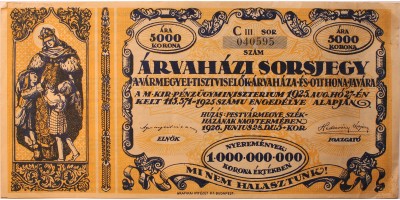 Árvaházi sorsjegy 5000 korona 1925